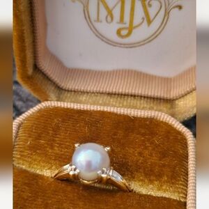 Vintage 1940s Cultured Pearl Ring 14K Yellow Gold Solitaire Setting Orga…